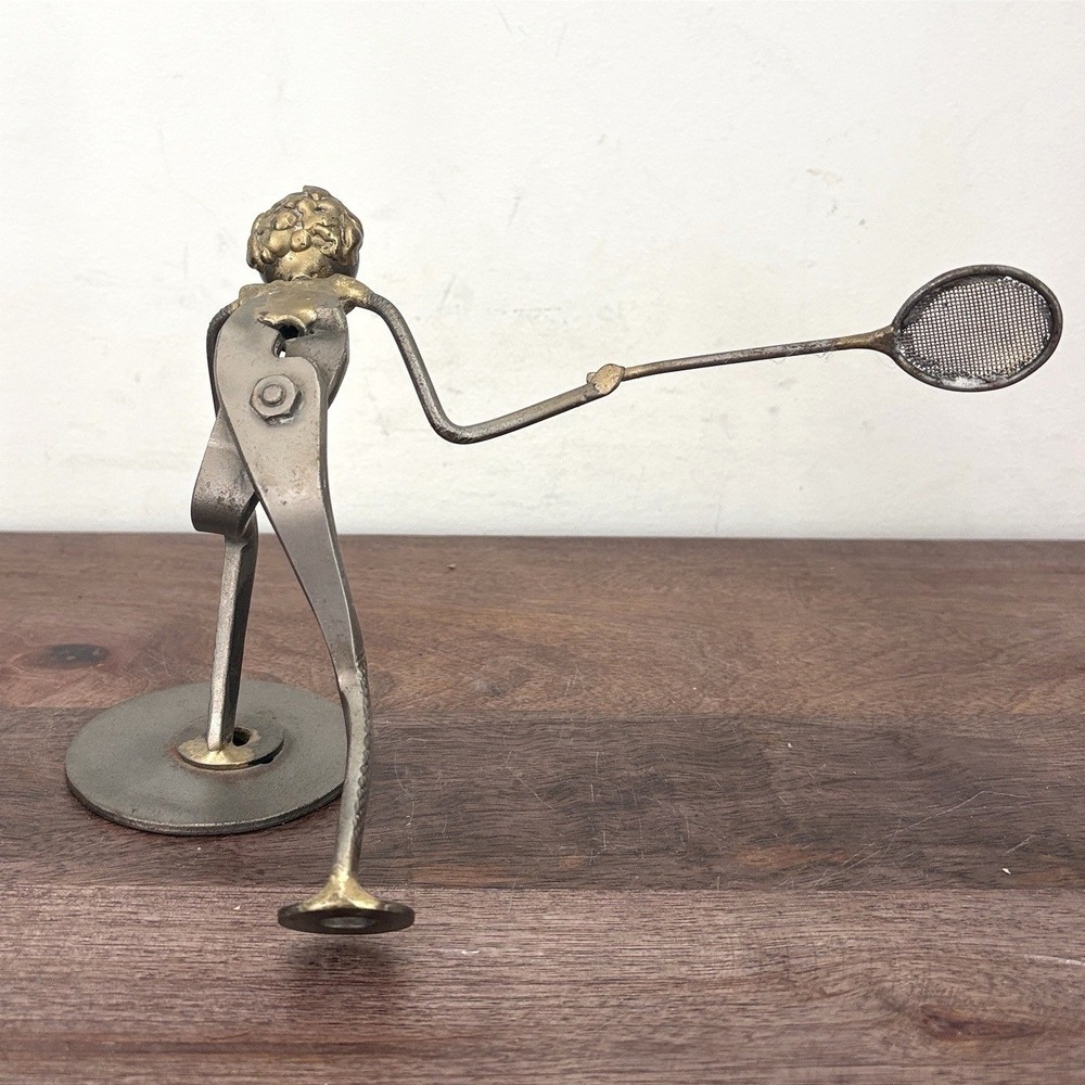 Vintage Metal Tennis‎ Player Sculpture Industrial MCM Brutalist Decor Figure - Picture 2 of 12